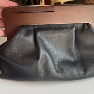 Brand New Banana Republic Modern Black Leather Clutch with Sleek Wooden Handle